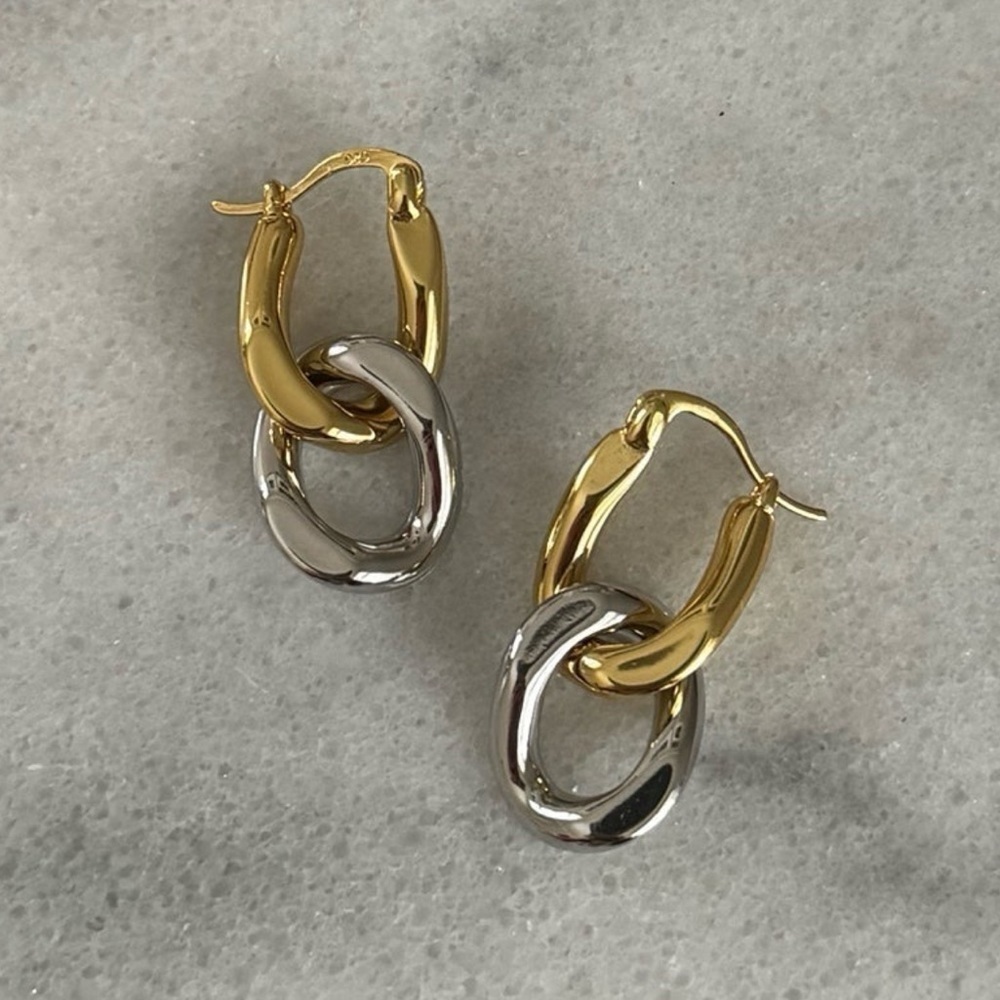 COPY - Sterling Silver Two Tone Gold Double Chain Link Hoop Chunky Earrings Bra…